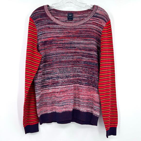 GAP 100% Cotton Marled Crewneck Sweater Stripe Sleeves Red Navy Womens Sz Large - Picture 3 of 11